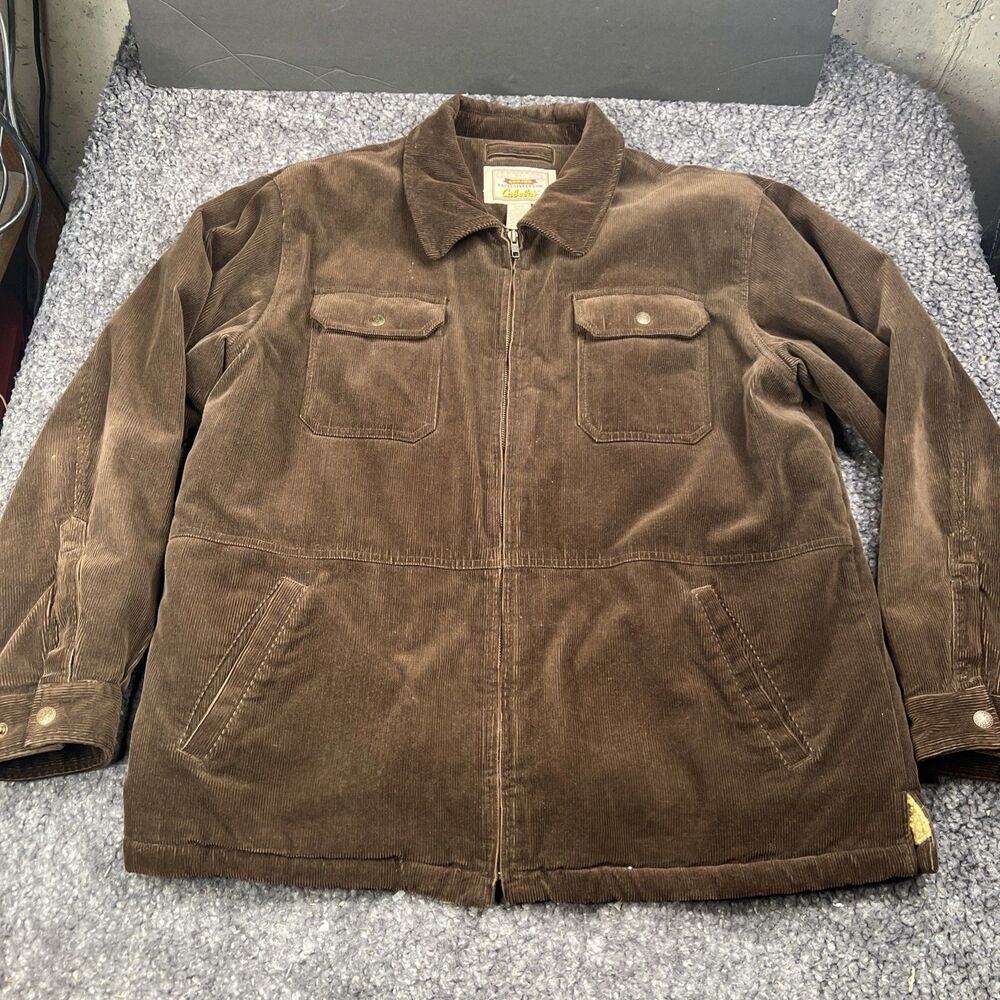 Cabela's Outfitter Series Coat Jacket Large Reg Brown Corduroy Sherpa Lined EUC